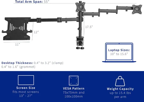 Vista 3 de VIVO Soporte para monitor dual + portátil para pantallas de 13 a 27 pulgadas y portátiles de 10 a 15.6 pulgadas, visualización de pantalla triple
