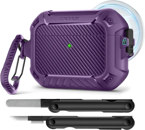 Vista 15 de MOBOSI Funda para Airpods Pro 2, compatible con AirPods Pro de 2ª/1ª generación con bloqueo, llavero y kit de limpieza, carcasa rígida protectora a