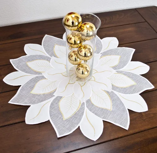 Vista 4 de Tapete de mesa bordado de Navidad blanco y dorado con estrella de Pascua (23 pulgadas, redondo)