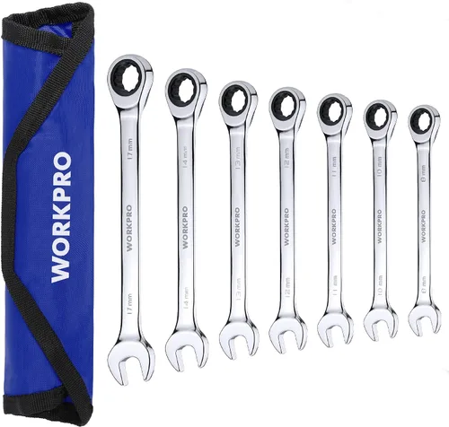 Vista 8 de WORKPRO Juego de llaves combinadas de trinquete de 7 piezas, 72 dientes, construcción Cr-V, juego combinado de llaves de trinquete con bolsa