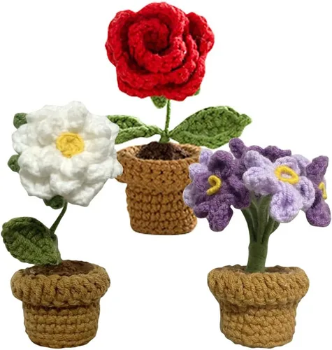 Vista 7 de JOONOR 3 mini plantas de ganchillo en maceta de girasol, flor de ciruelo falsa de punto para baño, hogar, cocina, mesa rústica, centro de mesa