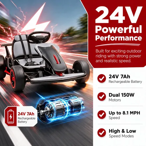 Vista 3 de Litake Go Kart eléctrico para niños de 24 V, batería de 7 Ah para niños de Negro