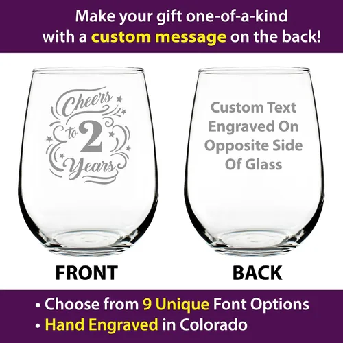 Vista 2 de Custom Cheers to 2 Years - Personalized Stemless Wine Glass Gifts for Women & Men - 2nd Anniversary Party Decor - Large 17 Oz Glasses - Customized