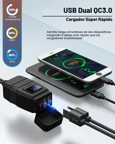 Vista 2 de EXTRACTME Cargador USB para motocicleta, 6.8A Carga rápida 3.0 Cargador de teléfono USB dual para motocicleta con voltímetro y interruptor