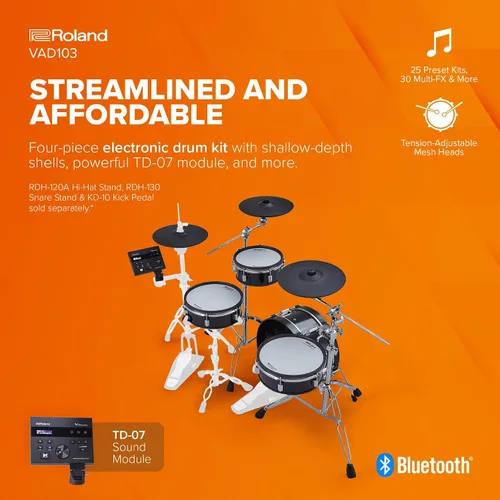 Vista 2 de Roland VAD103 V-Drums Kit de batería de diseño acústico electrónico de 4 piezas con carcasas de poca profundidad Shallow Wood Shells, Double-Ply