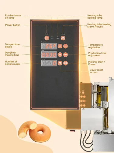 Vista 14 de FOHERE Máquina automática comercial para hacer donas, 1750 W, mini freidora de donas de 4 filas, tolva de 3 litros con control inteligente, 250