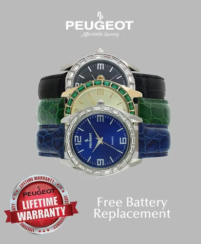 Vista 3 de Peugeot Reloj redondo acentuado de cristal para mujer, estilo novio con correa de cuero genuino