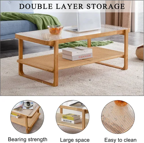 Vista 5 de TesNus Mesa de centro de madera maciza, moderna mesa de centro de ratán con estante de almacenamiento de 2 niveles, mesa de centro rectangular