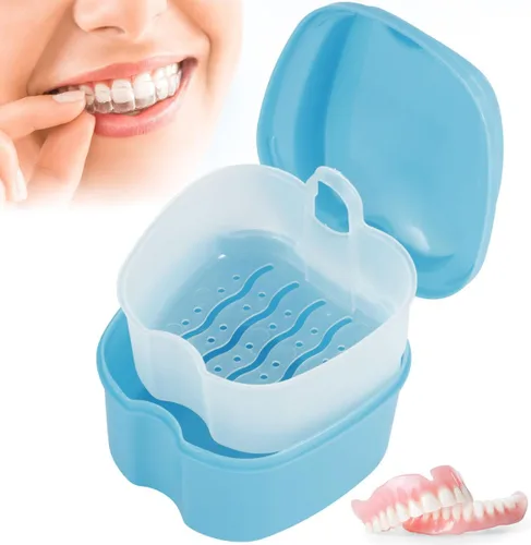 Vista 2 de Estuche de dentadura para dentadura postiza, caja de almacenamiento de dientes falsos con cesta de enjuague, caja de almacenamiento portátil