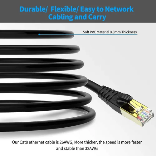 Vista 6 de KASIMO Cable Ethernet Cat 8 de 5 pies, cable LAN de red Cat8 de alta velocidad de 40 Gbps con conector RJ45 chapado en oro cable blindado SFTP