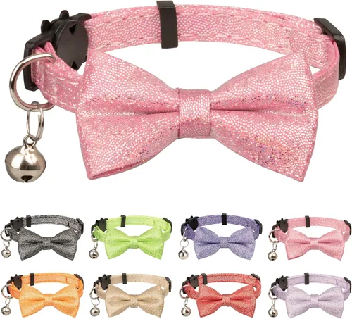 Vista 9 de Collar de gato con pajarita brillante para gatos, campanilla, fiesta, boda, fiesta, brillante, 7-11 pulgadas, niña, niño, mascota, color liso