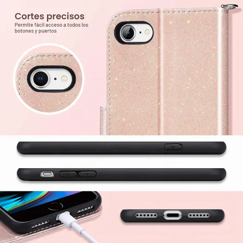 Vista 9 de ULAK Funda tipo cartera para iPhone SE (2022)/SE (2020)/8/7, tarjetero con Brillo