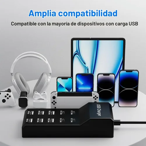 Vista 4 de Bloque de Cargador USB C de 10 Puertos (6 Puertos USB-A y 4 Puertos USB-C), Hub de Cargador Multipuerto de 50W10A para iPhone, Galaxy, iPad y Más
