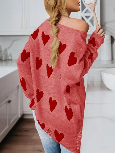 Vista 5 de Tutorutor Lindos suéteres para mujer con estampado de corazón de amor holgado con hombro descubierto top de punto de San Valentín