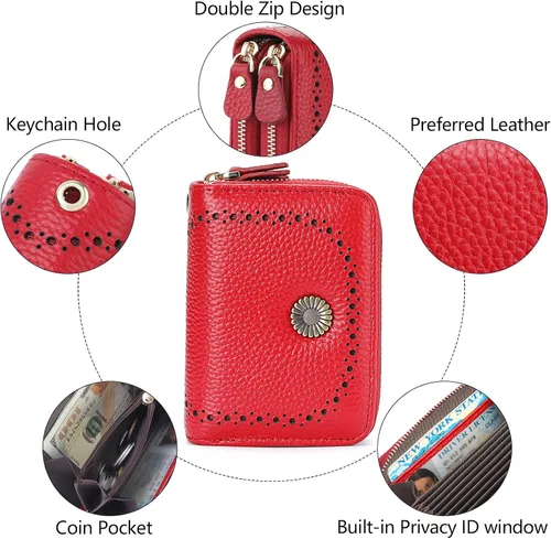 Vista 6 de GOIACII Cartera con tarjetero RFID para mujer, pequeña cartera de piel auténtica con 2 cremalleras