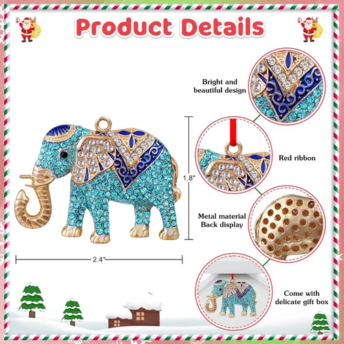 Vista 4 de D24TIME Adorno de Navidad de elefante, adorno de metal verde azulado para árbol de Navidad, amistad, hermandad, elefante, adornos para mujeres