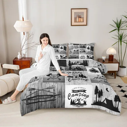 Vista 7 de Juego de ropa de cama con temática de cámper, juego de edredón de cabaña de madera marrón y verde, tamaño matrimonial, 3 piezas, decoración de Multi