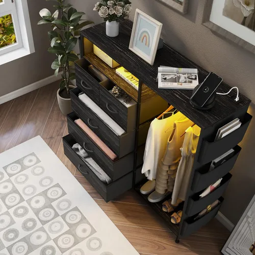 Vista 5 de Espelism Cómoda para dormitorio con perchero, bolsillos laterales, cómoda de 5 cajones con estación de carga, luces LED, cómoda de almacenamiento