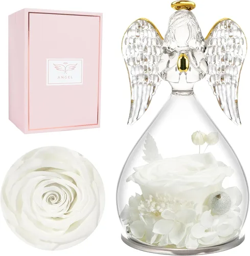 Vista 29 de Miofula Regalos para mamá, regalos de cumpleaños para mujeres, flores preservadas en figuras de ángel de cristal, flores frescas para entrega, Rosa