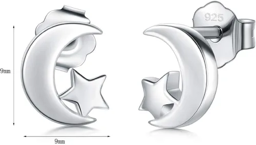 Vista 2 de BoRuo Crescent Moon - Aretes de tuerca de plata de ley 925,de alto pulido, resistentes al desgaste