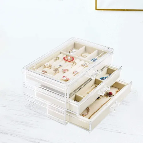 Vista 7 de Weiai Joyero acrílico con 3 cajones organizador de joyas de terciopelo aretes anillos collares pulseras vitrina regalo para mujeres niñas beige