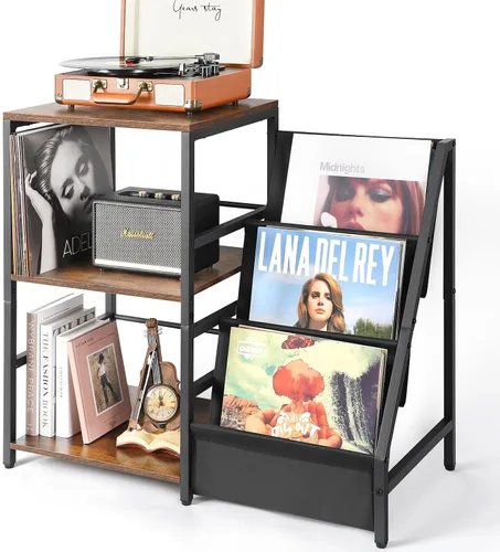 Vista 13 de Bikoney Soporte para Tocadiscos, Soporte para Tocadiscos con Almacenamiento de Discos de Vinilo de 3 Niveles, Mesa para Tocadiscos de Hasta 200