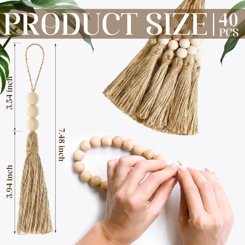 Vista 2 de Taiyin 40 juegos de borlas de yute con 3 cuentas de madera, cuerda de yute natural, borlas de arpillera para árbol de Navidad, manualidades, cuentas