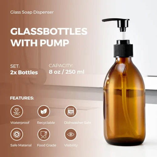 Vista 2 de Botella con bomba de vidrio ámbar de 8 onzas, dispensador de jabón vacío pequeño para aceite Refillable Dark Lotion Dispensers, Include Storage