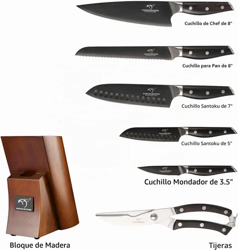 Vista 2 de NANFANG BROTHERS - Juego de cuchillos de damasco de 7 piezas con bloque, mango de madera de ébano Damasco negro titanio chapado