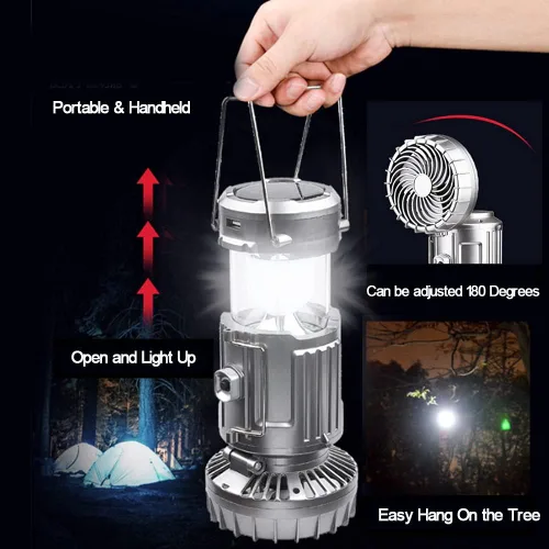 Vista 5 de SupBri Linterna solar para campamento con ventilador, ventiladores de campamento recargables que cargan para teléfono, luz a pilas para huracanes