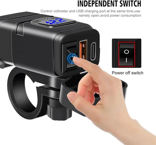 Vista 4 de Ankuee Cargador de teléfono USB para motocicleta, adaptador SAE a USB impermeable con voltímetro e interruptor de encendido/apagado, cargador doble