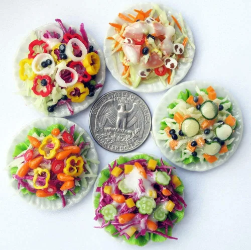 Vista 7 de 5 ensaladas surtidas con plato para casa de muñecas, comida en miniatura, escala 1:6, comida de arcilla realista para casas de muñecas, accesorios
