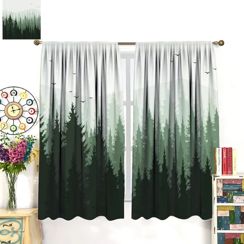 Vista 8 de Cortina de ventana de bosque brumoso, cortina negra escénica, bosque tropical, pinos, paisajes naturales verdes para dormitorio, cocina, cafetería