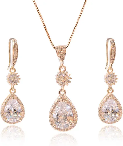 Vista 32 de Conjunto de joyería para boda, aretes de lagrima y collar con dije de circonio cúbico