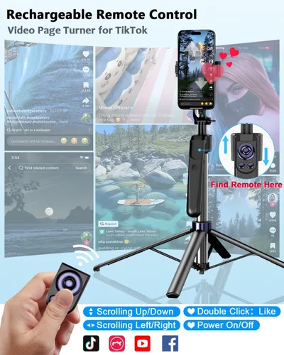 Vista 4 de Kit de vlogging para iPhone/Android, trípode de seguimiento facial automático de 63" para iPhone con luz, micrófonos inalámbricos, control remoto