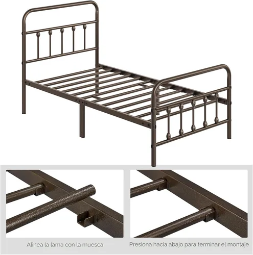 Vista 6 de Yaheetech Marco de cama con plataforma de metal doble, cabecero y estribo Bronce