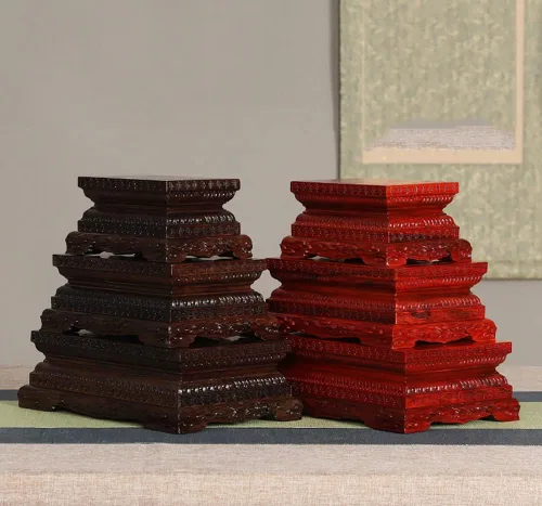 Vista 5 de GOLDY&WENDY Madera Rosewood Lotus Vajra Buda Base Rectangular Tallado Artesanía Pedestal