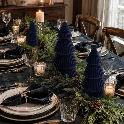 Vista 4 de Christmas Decorations - Set of 3 Velvet Ceramic Christmas Trees(Blue)
