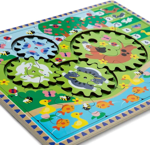 Vista 4 de Melissa & Doug Rompecabezas de madera con engranajes giratorios de persecución de animales – Rompecabezas de madera de 24 piezas para niños pequeños