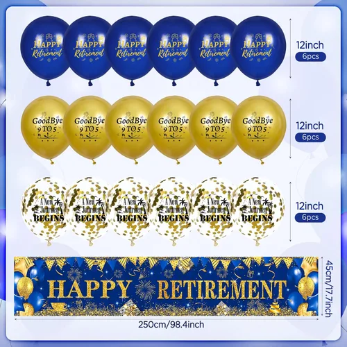 Vista 7 de Decoraciones de feliz jubilación: pancarta grande azul marino dorado con 18 globos para hombres y mujeres, fiestas, cabina de fotos, suministros