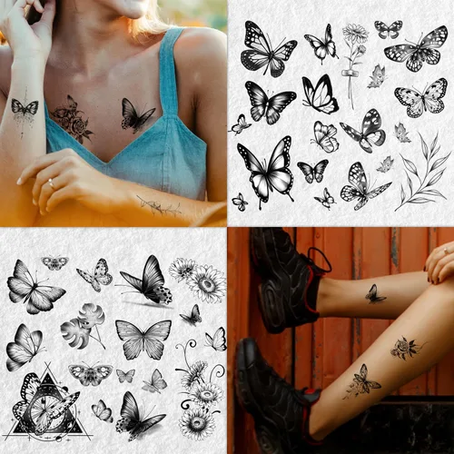 Vista 4 de Cerlaza 20 hojas de tatuajes temporales de mariposa negra para mujeres adultas, 120 estilos de mariposas pequeñas, tatuajes falsos impermeables
