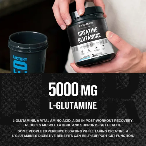 Vista 4 de Jacked Factory Creatina + Glutamina - Suplemento de creatina con L-Glutamina para la recuperación muscular, crecimiento muscular, mayor fuerza