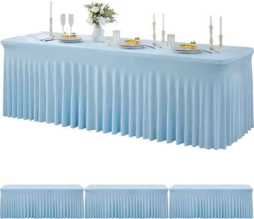 Vista 28 de Paquete de 3 Manteles de Spandex Azul Bebé para Mesas Rectangulares de 6 Pies, Falda de Mesa Azul Elástica Ajustada de 6 Pies para Fiestas de Boda