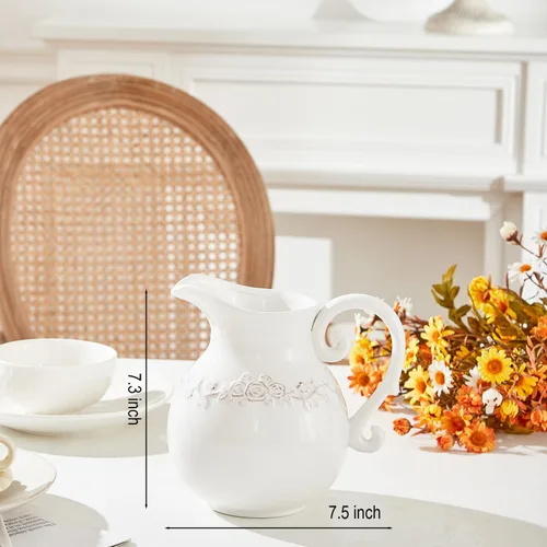 Vista 3 de Jarrón de Cerámica Blanco con Flor, Jarra de Cerámica de Granja para Decoración del Hogar, 18.5 cm de Altura.