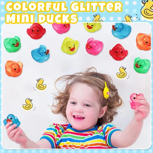 Vista 6 de Leitee 24 patos surtidos de patos de goma con purpurina para niños, mini patos con purpurina colorida de color neón, juguetes de baño para regalos