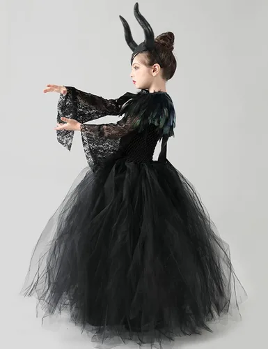 Vista 6 de L'VOW Vestido de princesa de encaje tutú de tul para Halloween con cuernos de demonio, capa de plumas