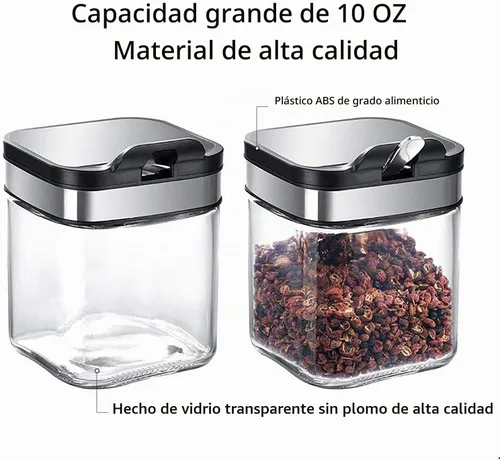 Vista 3 de Contenedor de especias para condimentos con tapas y cucharas de acero inoxidable 304, recipientes de vidrio transparente para condimentos