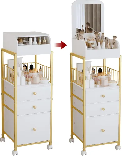 Vista 9 de Carrito organizador de maquillaje con espejo de tocador, organizadores de cuidado de la piel de piso, organizador de maquillaje, organizador