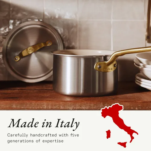 Vista 6 de Made In Cookware - 2 QT CeramiClad Non Stick Saucepan with Lid (Antique Brass Handle) - 5-Ply Stainless Clad with Stay-Cool Handle - Professional