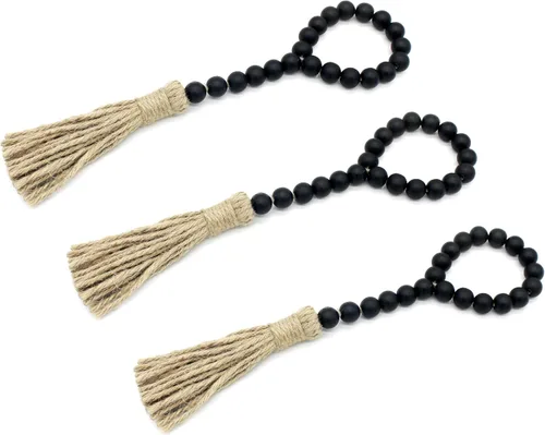 Vista 2 de CVHOMEDECO. Guirnalda de cuentas de madera con borlas, 3 piezas de cuentas rústicas de madera rústica para oración para colgar en la pared para Negro
